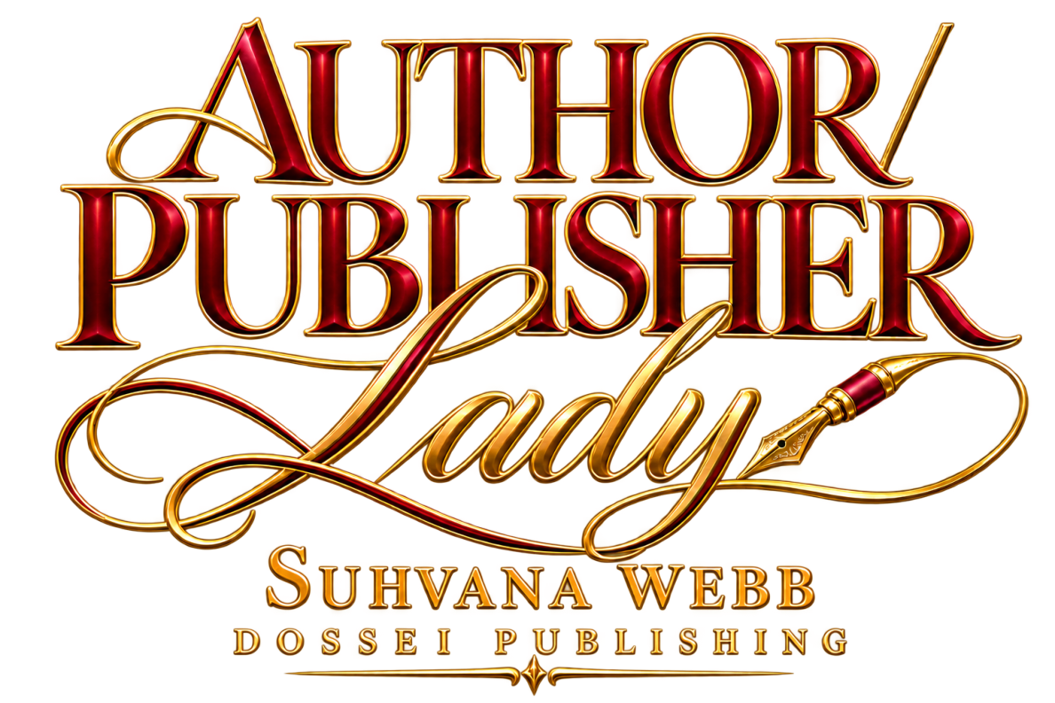 Burgundy and gold Author/Publisher Lady script design with fountain pen and Dossei Publishing